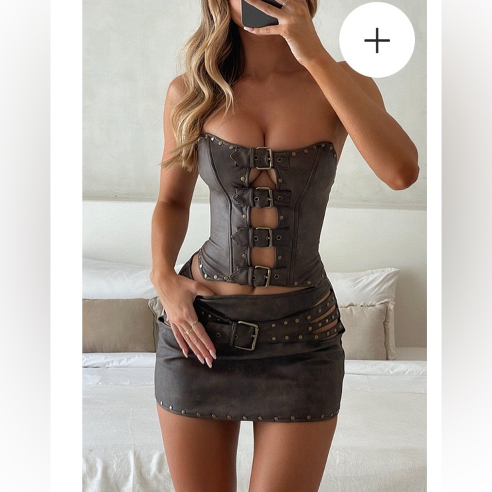 Cutout Buckles Strapless Crop Top Mini Skirt Matching Set-Brown - NWOT